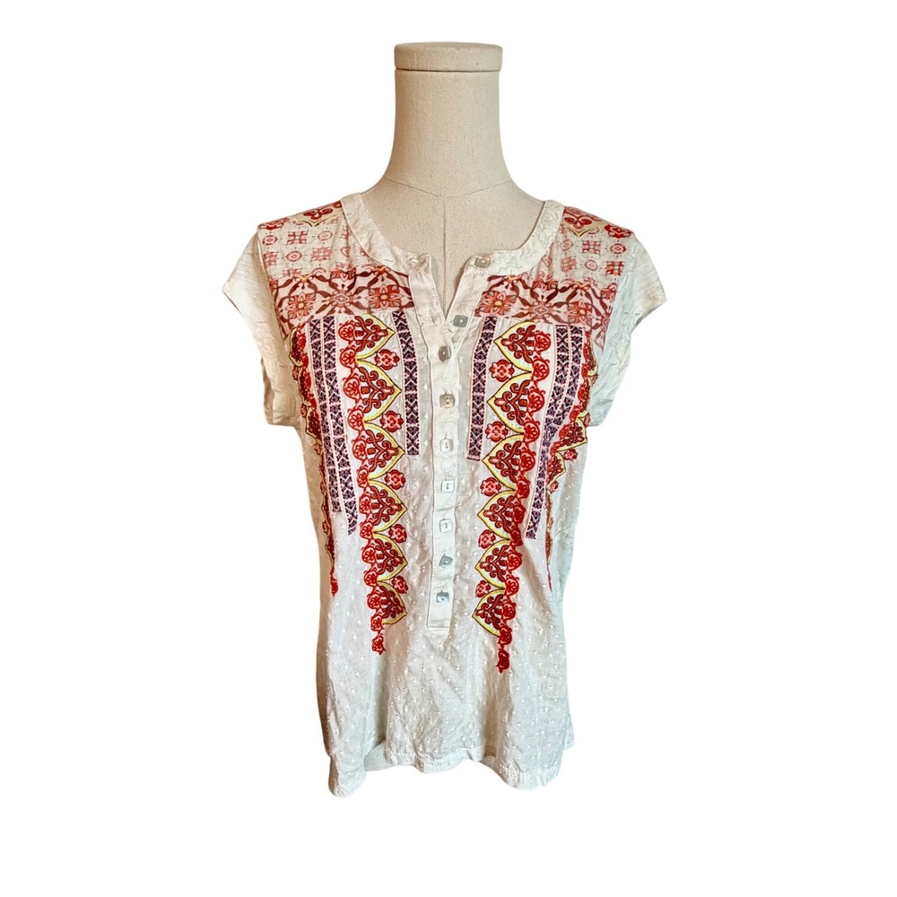 Sundance Women White Embroidered Swiss Dot Henley Top Cap Sleeve Petite Small PS